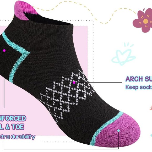 Comfortable 12 Pair Girls Cotton Sport Socks with Arch Support & Cushioning - Picture 4 of 7